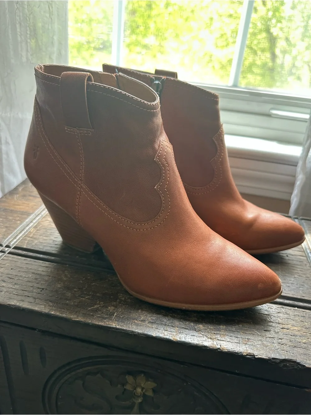 Frye‎ Reina Leather Ankle Booties in Cognac